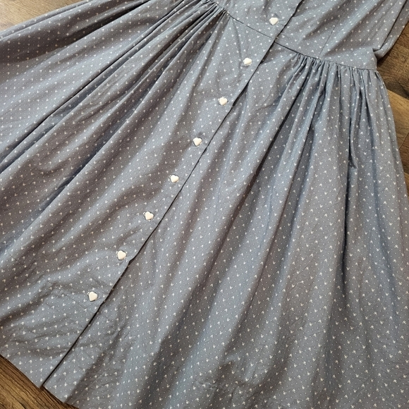 Vintage Handmade Blue & White Heart Detailing Embroidered Midi Dress Size Medium - Picture 3 of 9